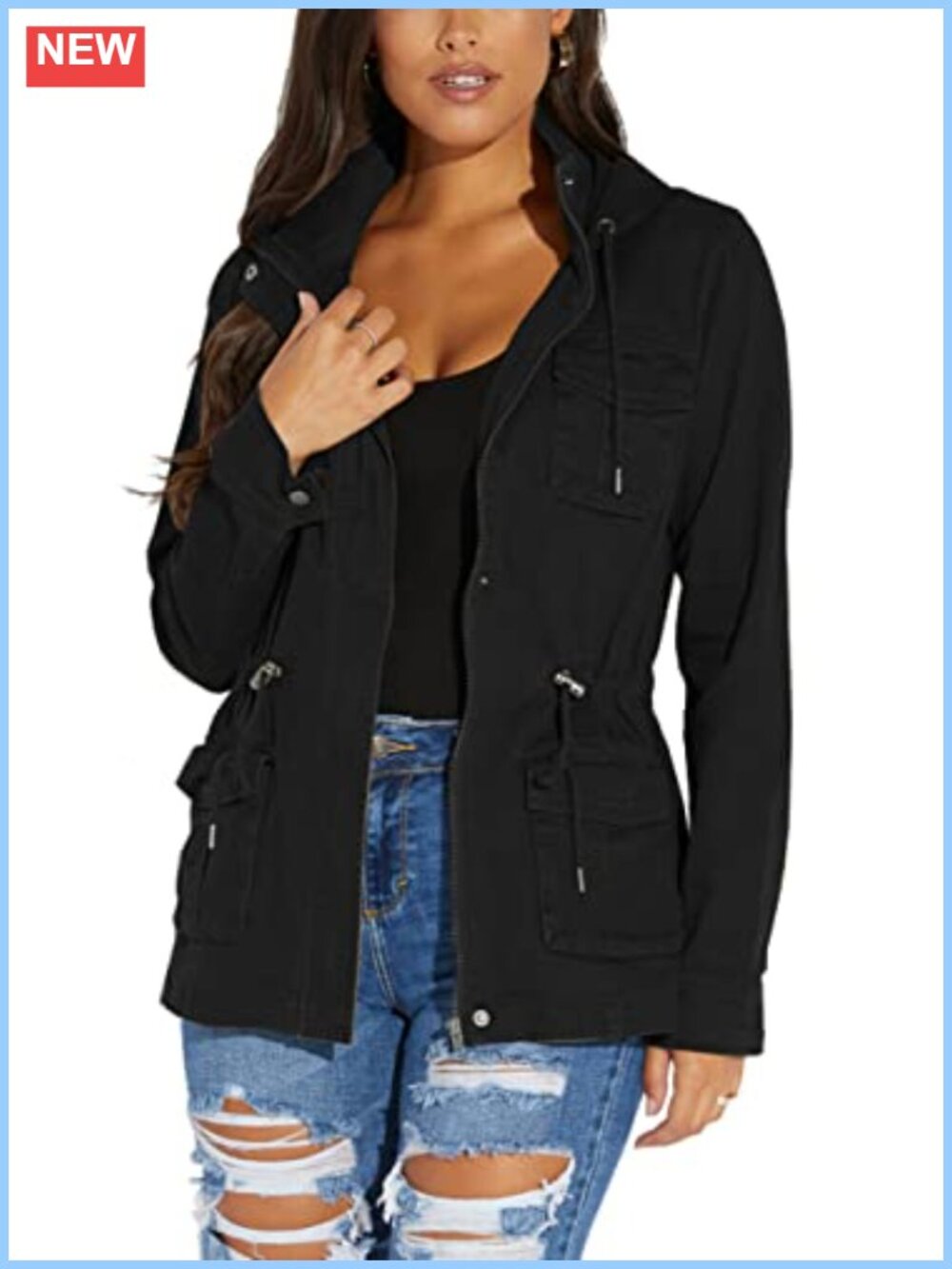Women's Casual Military Jacket with Pockets Lightweight Utility Zip Up Long